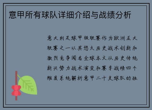 意甲所有球队详细介绍与战绩分析